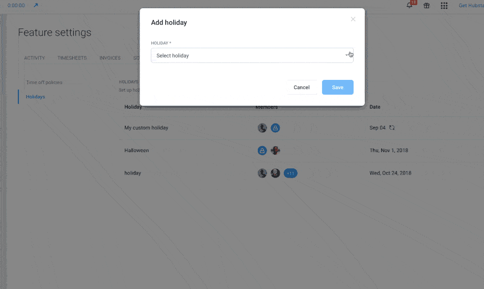 Hubstaff recurring holidays