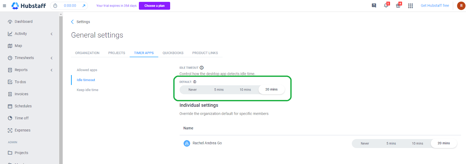 Hubstaff idle time setting