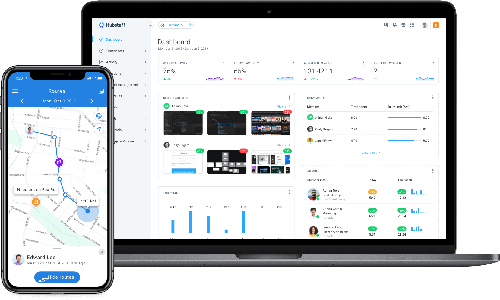 Hubstaff time clock apps and tools for businesses displayed on a computer and mobile device