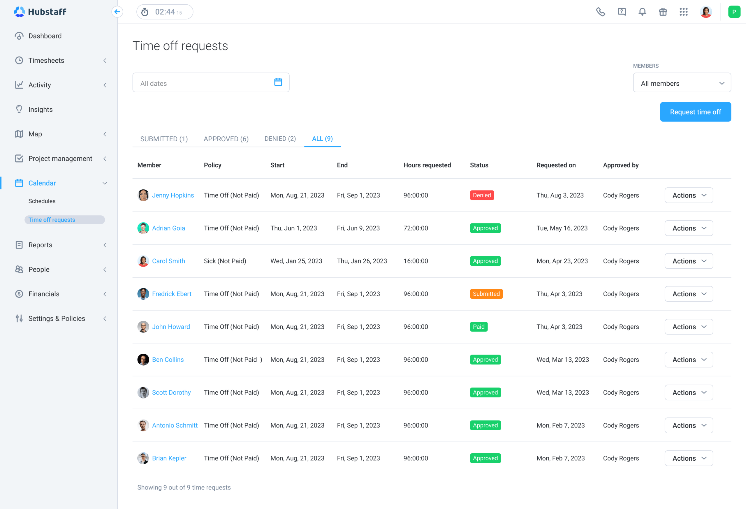 Hubstaff time off requests menu