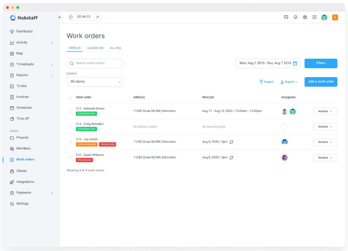 Hubstaff work orders