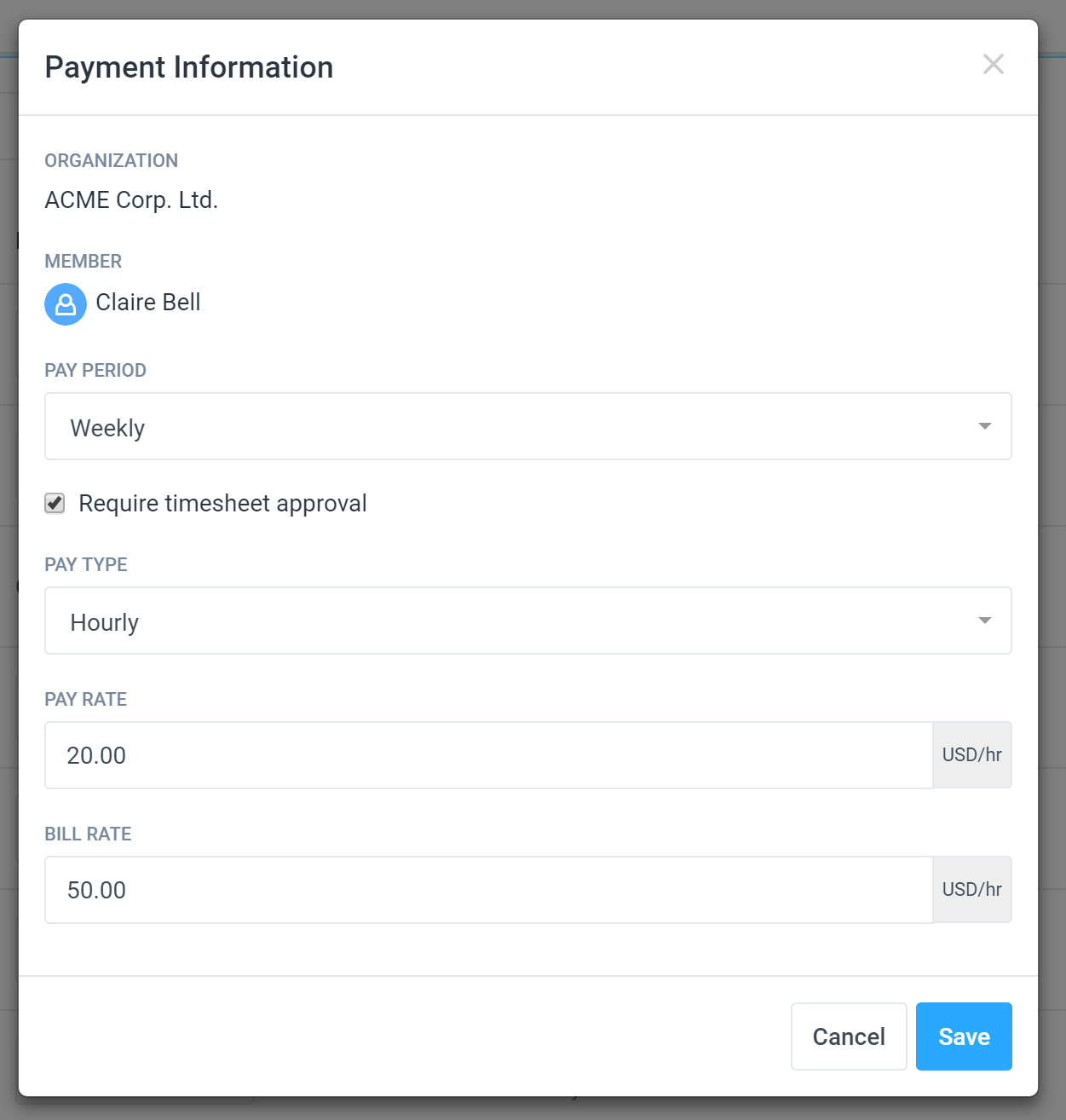 set pay rate and bill rate for team