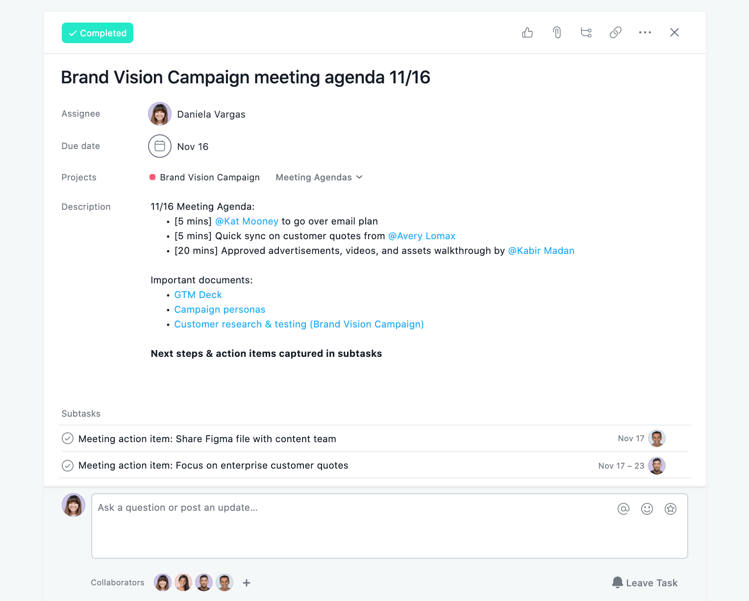 Screenshot of Asana subtasks that help you break your projects down